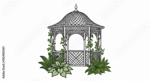 An ornate, multi-arched gazebo with a domed, latticed roof, adorned with creeping vines and lush ferns