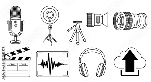 Outline icons of video production and content creation equipment