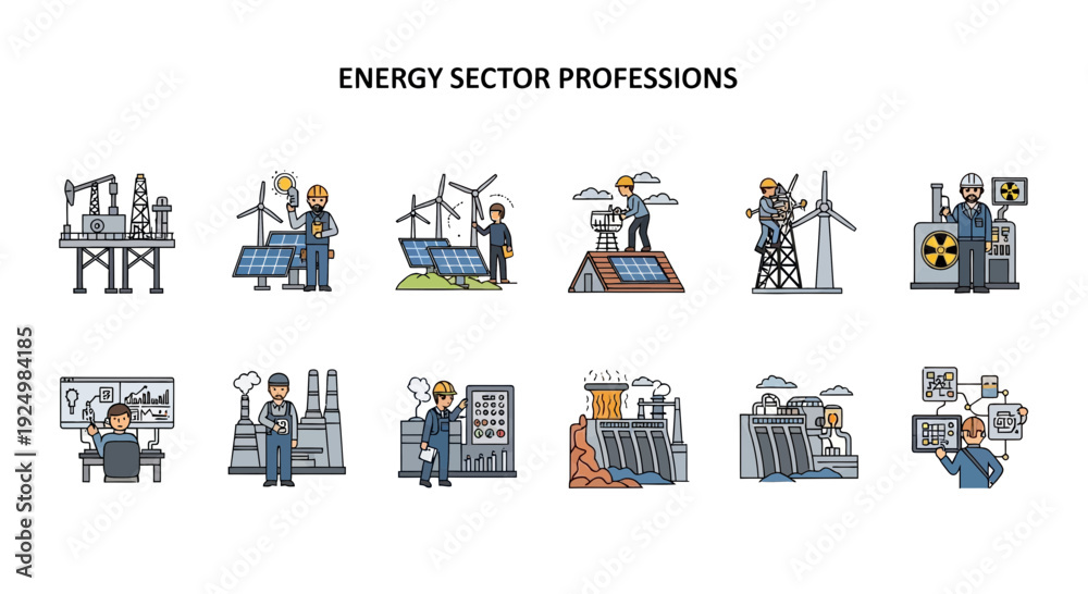 Fototapeta premium Ten icons illustrating various energy sector professions and infrastructure types