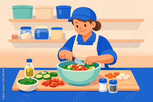 Woman chef preparing healthy salad in kitchen, cooking fresh diet food