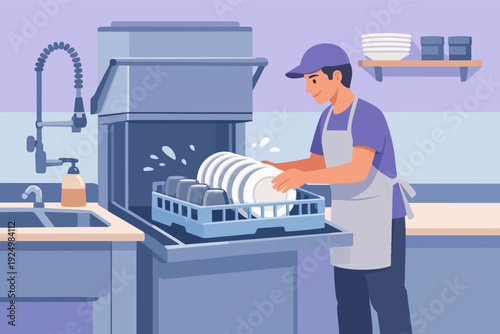 Dishwasher loading dirty plates into commercial machine in restaurant kitchen