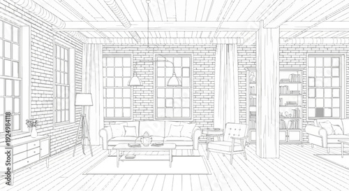 Architectural sketch of a cozy living room with exposed brick, wood floors, and vintage furniture