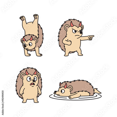 Cartoon hedgehog characters showing different emotions and actions on white background