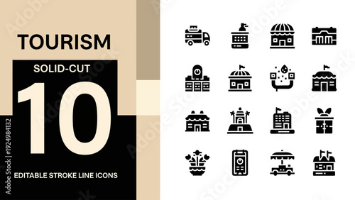 Tourism Solid Cut Editable Stroke Line Icons Collection.