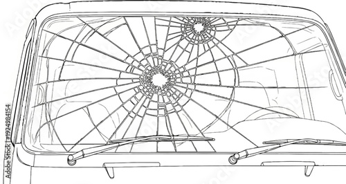 Close-up of a truck's cracked windshield with spiderweb patterns from impact