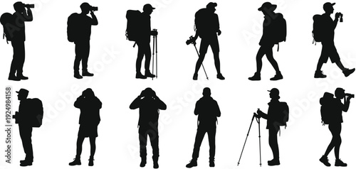 Silhouettes of hikers and photographers in various outdoor activities isolated on white background, Vector, illustration