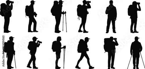 Silhouettes of photographers capturing diverse scenes with cameras and tripods isolated on white background, Vector, illustration