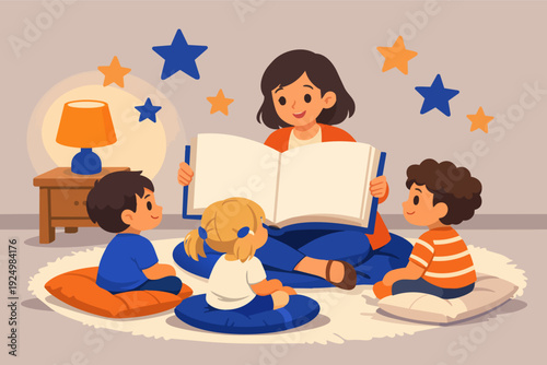 Teacher reading bedtime story to children, encouraging imagination and learning