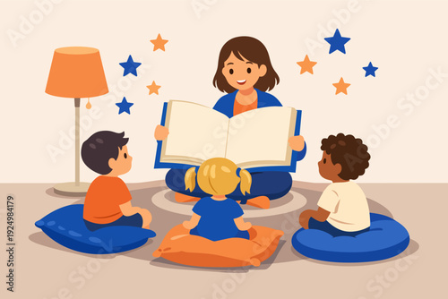 Teacher reading storybook to diverse children sitting on cushions in a learning circle