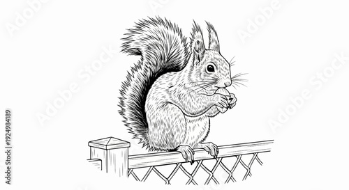 Detailed sketch of a squirrel holding a nut, perched on a fence