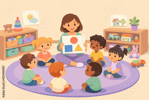 Teacher educating diverse children about basic shapes during preschool classroom activity