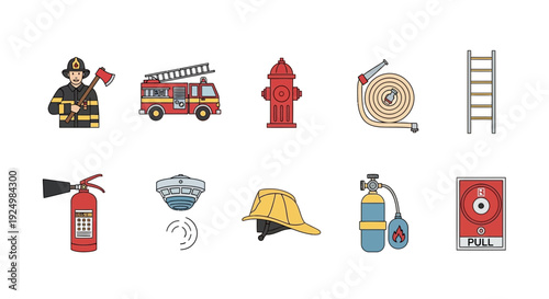 Ten lineart style icons related to firefighting equipment and personnel