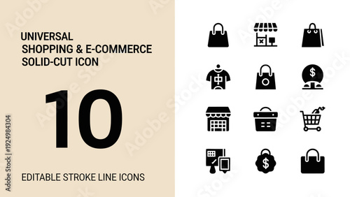 Universal Shopping and E-Commerce Solid-Cut Icon Set.