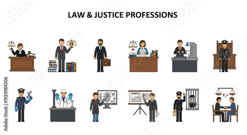 Ten illustrations depicting various law and justice professions with icons and titles