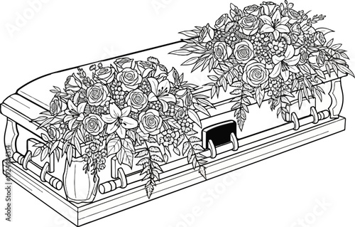 Elaborate floral arrangements adorn a classic coffin, rendered in a detailed line art style