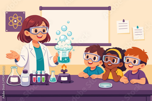 Students learning chemistry experiment with teacher in science classroom