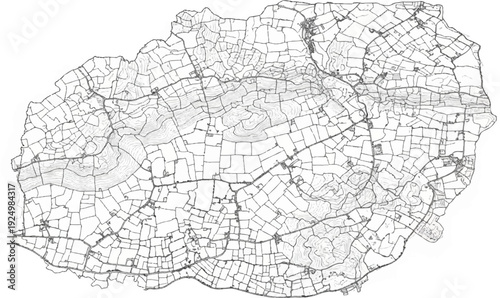 Detailed topographical map showing a patchwork of fields, roads, and contour lines