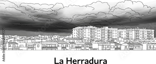 Dark clouds loom over a layered city skyline with detailed buildings