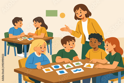 Teacher guiding multiracial children learning shapes and colors in kindergarten class