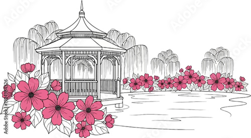 Elegant gazebo nestled beside a tranquil pond with vibrant blossoms and weeping trees