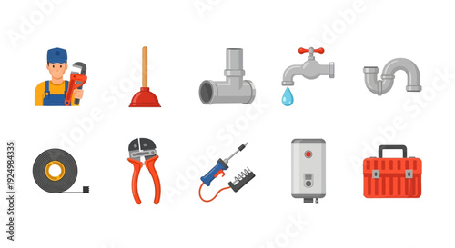 Ten plumbingrelated icons arranged in two rows on a white background