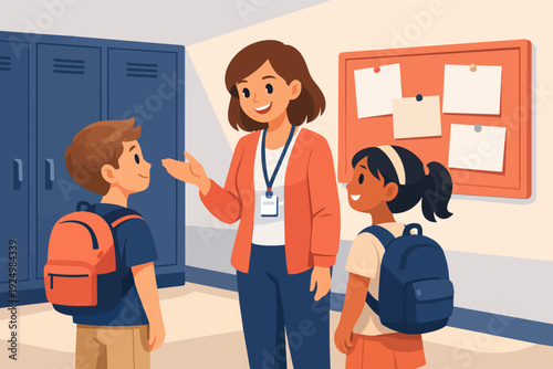 Teacher explaining to students in school corridor with lockers and bulletin board