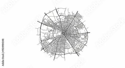 Detailed radial city map with intricate streets and radiating avenues