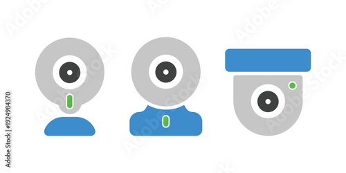 Webcam and Security Camera Icon Set – Video Surveillance, Online Meeting and CCTV Symbols for UI Design, Streaming, Monitoring Systems and Modern Flat Graphics