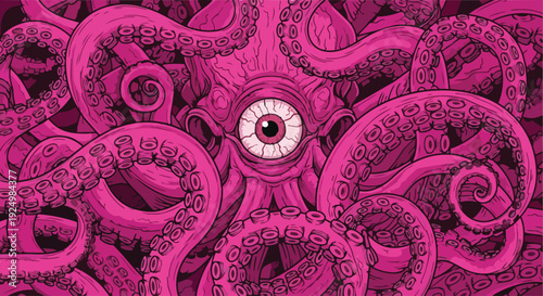An illustration of a surreal scene featuring an octopus, tentacles, eye, illustration, and surrealism from a close-up viewpoint