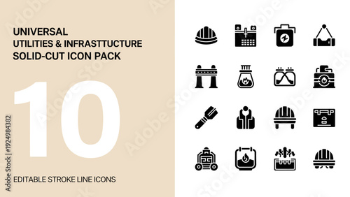Universal Utilities and Infrastructure Solid Cut Icon Pack.