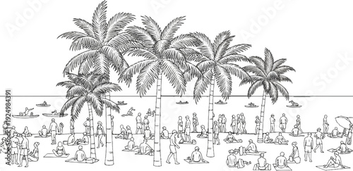 Diverse crowd enjoying a sunny day at the beach with palm trees and ocean activities