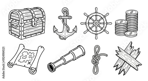 Pirate and Nautical Hand Drawn Doodle Icon Set