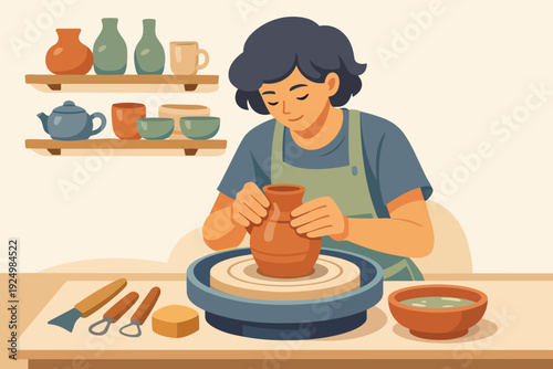 Potter forming clay on a wheel in a workshop, creating handmade ceramic art