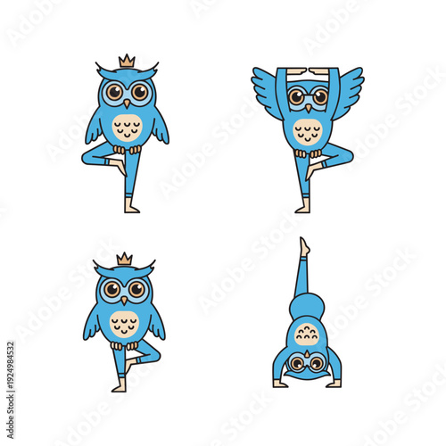 Cartoon blue owls practicing yoga poses with crown and wings isolated on white background