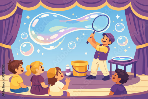 Bubble show artist entertaining children with giant soap bubbles on stage