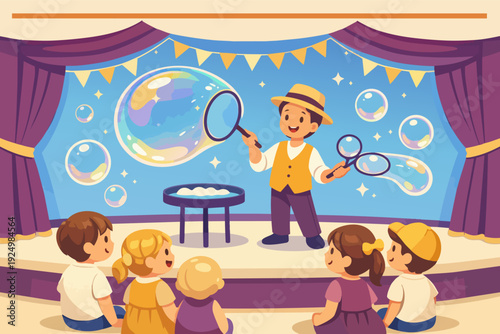 Bubble artist performing a fun show for children sitting watching on stage