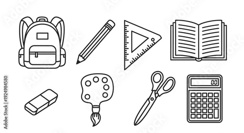 School Supplies Line Art Icon Set for Education and Learning