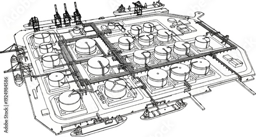 Industrial port with large storage tanks and cranes