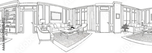 Elegant living room with plush seating, bookshelves, and tasteful decor