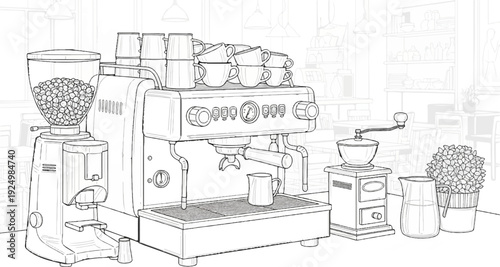 Espressso machine with coffee grinder and cups in a cafe scene