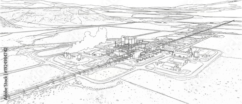 Industrial complex with pipelines and smoking stacks in a vast, barren landscape