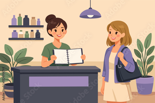 Receptionist assisting client with appointment scheduling at front desk