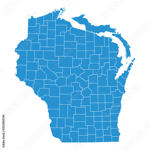 Wisconsin state map with counties outlined in white lines icon