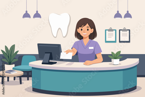 Young nurse working at reception, offering assistance in a modern dental care office