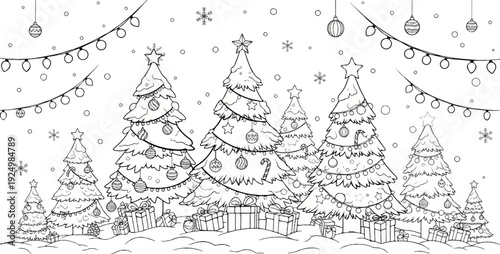 Festive holiday scene with decorated evergreen trees under falling snow