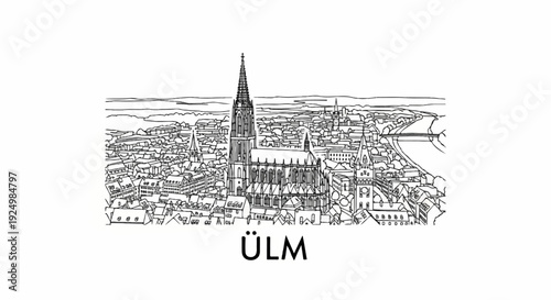 Line drawing of a European cityscape featuring a prominent Gothic cathedral