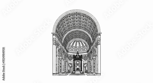 Detailed architectural drawing of a grand domed interior with ornate columns and vaulted ceiling