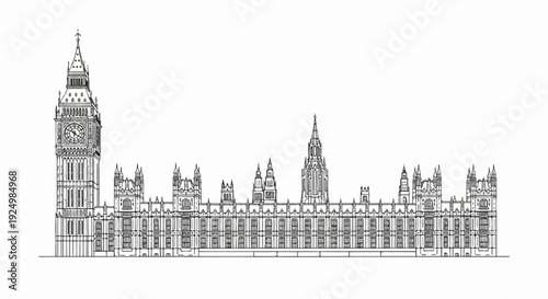 Ornate Gothic revival palace with clock tower, detailed architectural line drawing