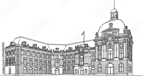 Ornate historical building facade with a prominent dome and flag, rendered in outline