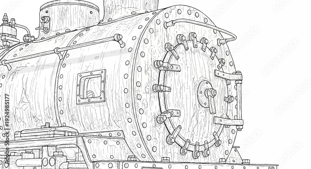 Obraz premium Close-up sketch of an old, riveted steam engine boiler with intricate details